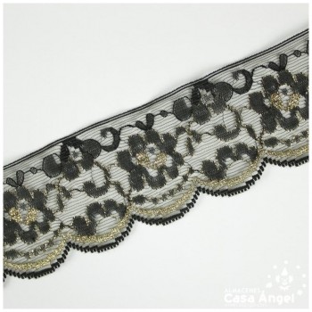 PUNTILLA DE NYLON DISEÑO FLORAL NEGRO Y ORO 52mm