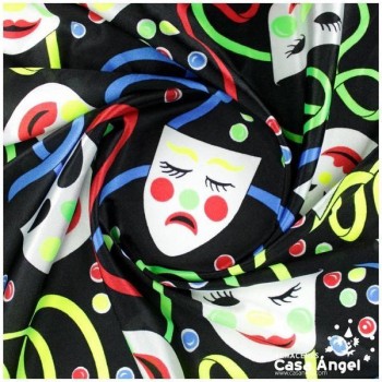 RASETE ESTAMPADO MÁSCARAS CARNAVAL SOBRE NEGRO 150cm
