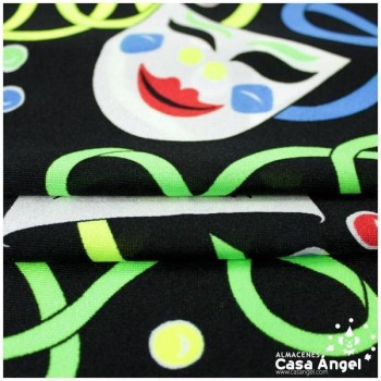 RASETE ESTAMPADO MÁSCARAS CARNAVAL SOBRE NEGRO 150cm