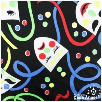 RASETE ESTAMPADO MÁSCARAS CARNAVAL SOBRE NEGRO 150cm