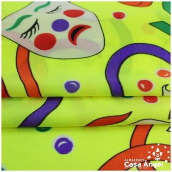 RASETE ESTAMPADO MÁSCARAS CARNAVAL SOBRE AMARILLO 150cm