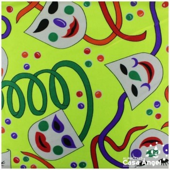 RASETE ESTAMPADO MÁSCARAS CARNAVAL SOBRE AMARILLO 150cm