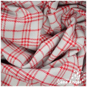 TELA JACQUARD LANA TARTÁN PATA DE GALLO GRIS Y ROJO 150cm