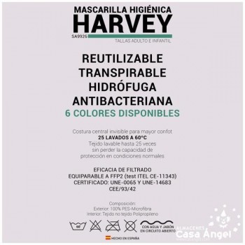 MASCARILLA HIGIÉNICA REUTILIZABLE HARVEY SA9926 ADULTO E INFANTIL AZUL ROYAL