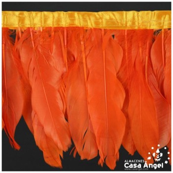 FLECO DE PLUMAS NARANJA DE OCA SOBRE CINTA DE RASO 18cm