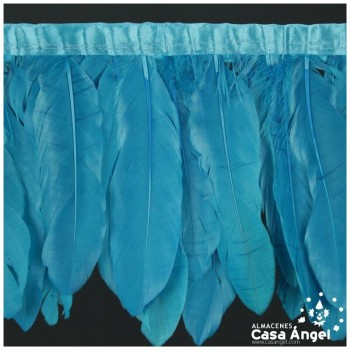 FLECO DE PLUMAS TURQUESA DE OCA SOBRE CINTA DE RASO 18cm