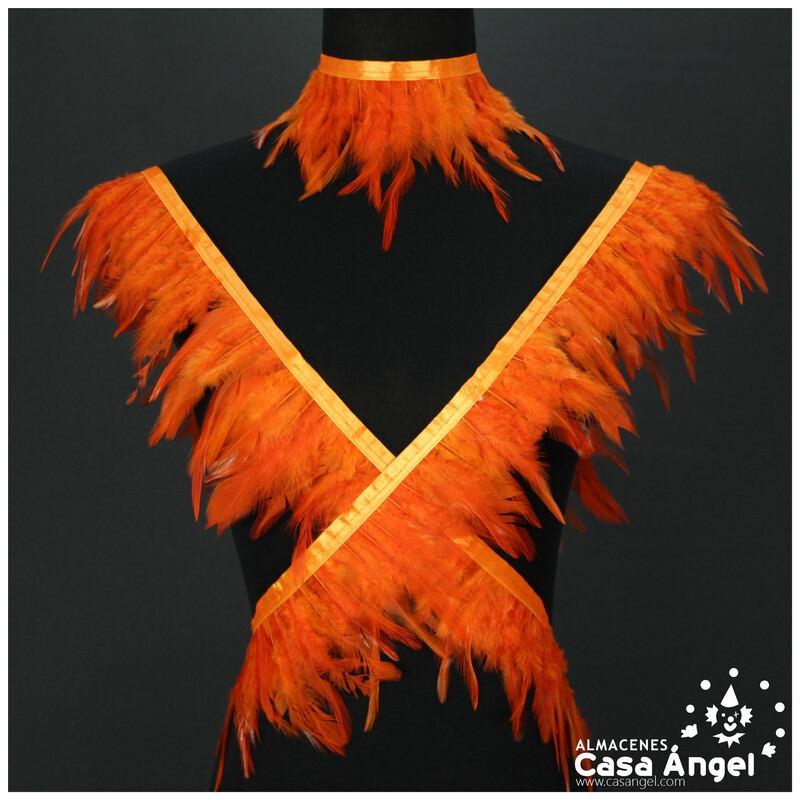 FLECO DE PLUMAS DE GALLO NARANJAS SOBRE CINTA DE RASO 13cm