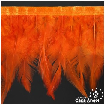 FLECO DE PLUMAS DE GALLO NARANJAS SOBRE CINTA DE RASO 13cm