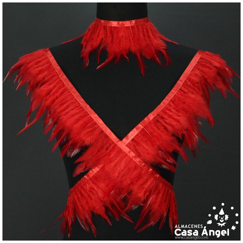 FLECO DE PLUMAS DE GALLO ROJAS SOBRE CINTA DE RASO 13cm