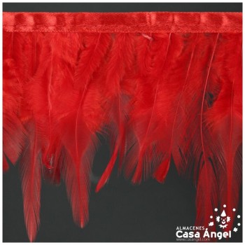 FLECO DE PLUMAS DE GALLO ROJAS SOBRE CINTA DE RASO 13cm