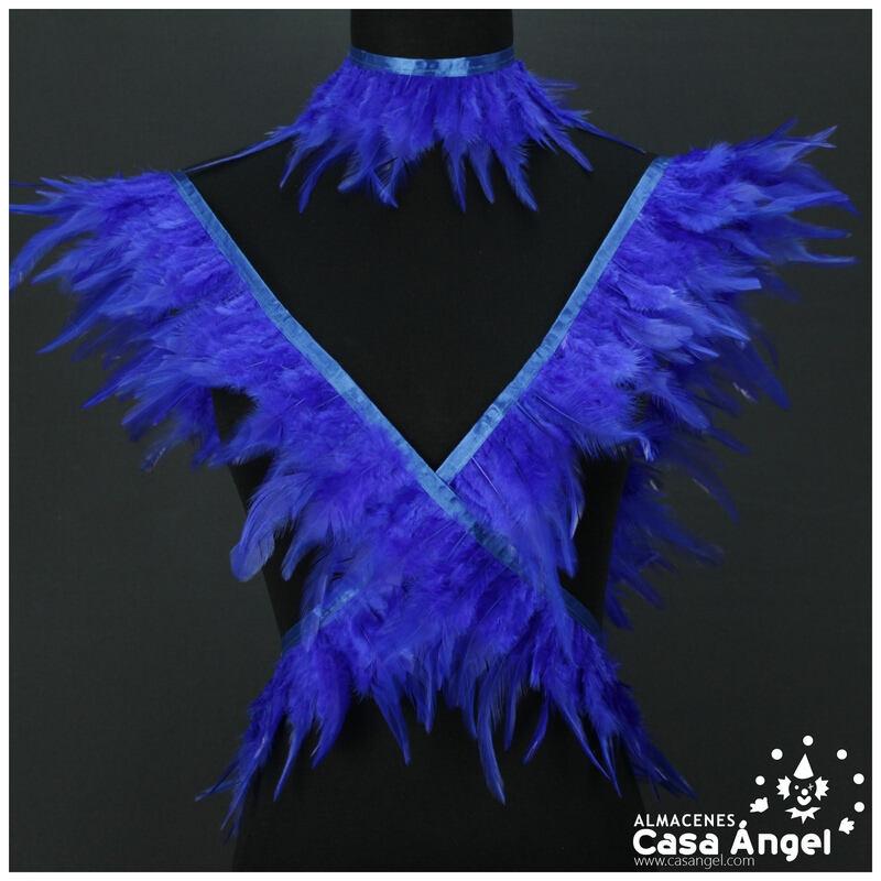 FLECO DE PLUMAS DE GALLO AZULES SOBRE CINTA DE RASO 13cm