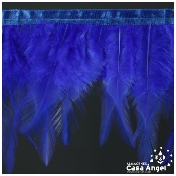 FLECO DE PLUMAS DE GALLO AZULES SOBRE CINTA DE RASO 13cm