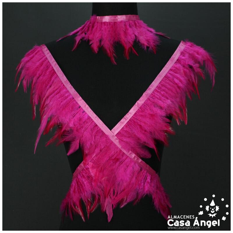 FLECO DE PLUMAS DE GALLO FUCSIA SOBRE CINTA DE RASO 13cm