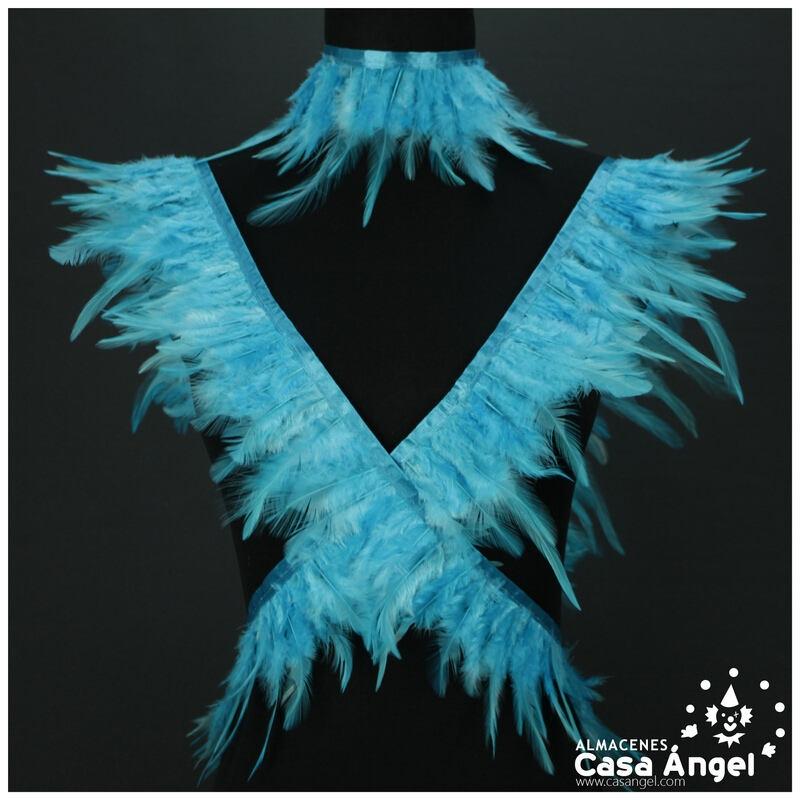 FLECO DE PLUMAS DE GALLO TURQUESA SOBRE CINTA DE RASO 13cm