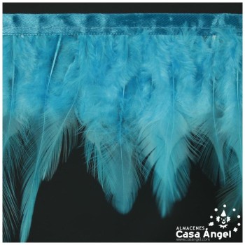 FLECO DE PLUMAS DE GALLO TURQUESA SOBRE CINTA DE RASO 13cm