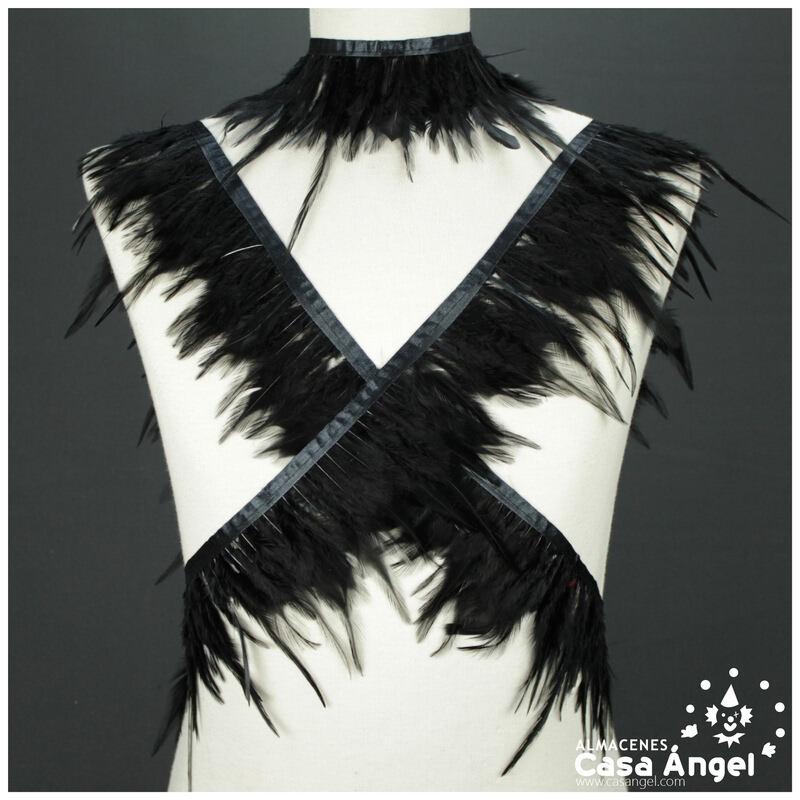 FLECO DE PLUMAS DE GALLO NEGRO SOBRE CINTA DE RASO 13cm