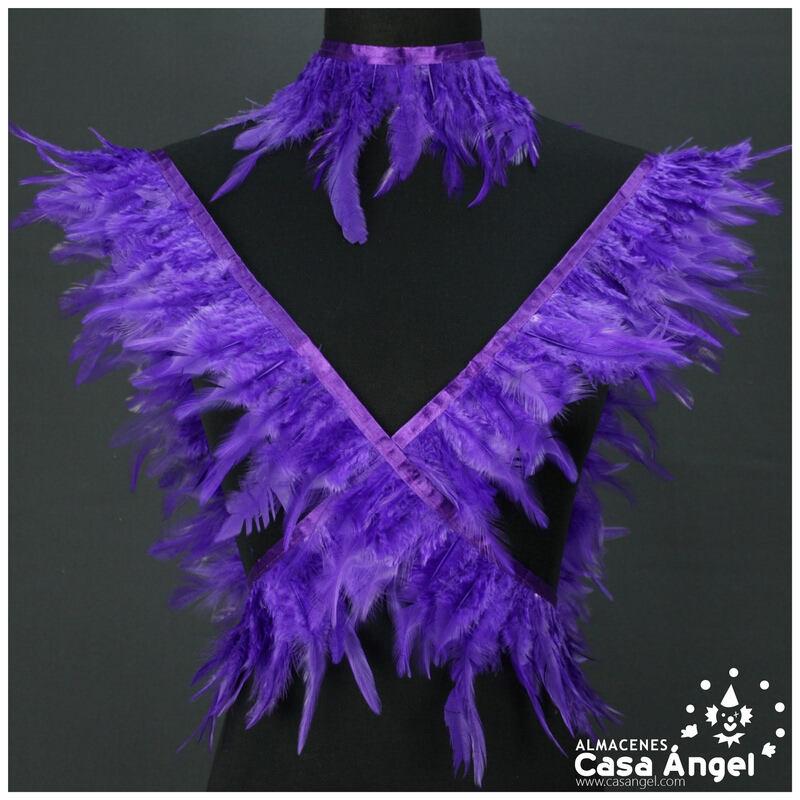 FLECO DE PLUMAS DE GALLO MORADO SOBRE CINTA DE RASO 13cm