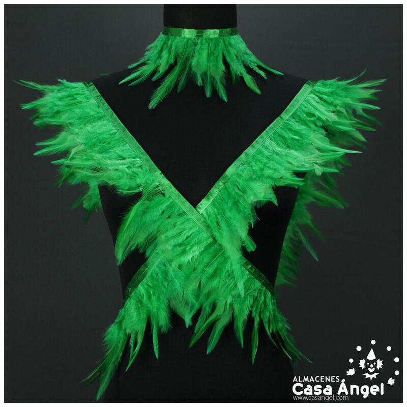 FLECO DE PLUMAS DE GALLO VERDE SOBRE CINTA DE RASO 13cm