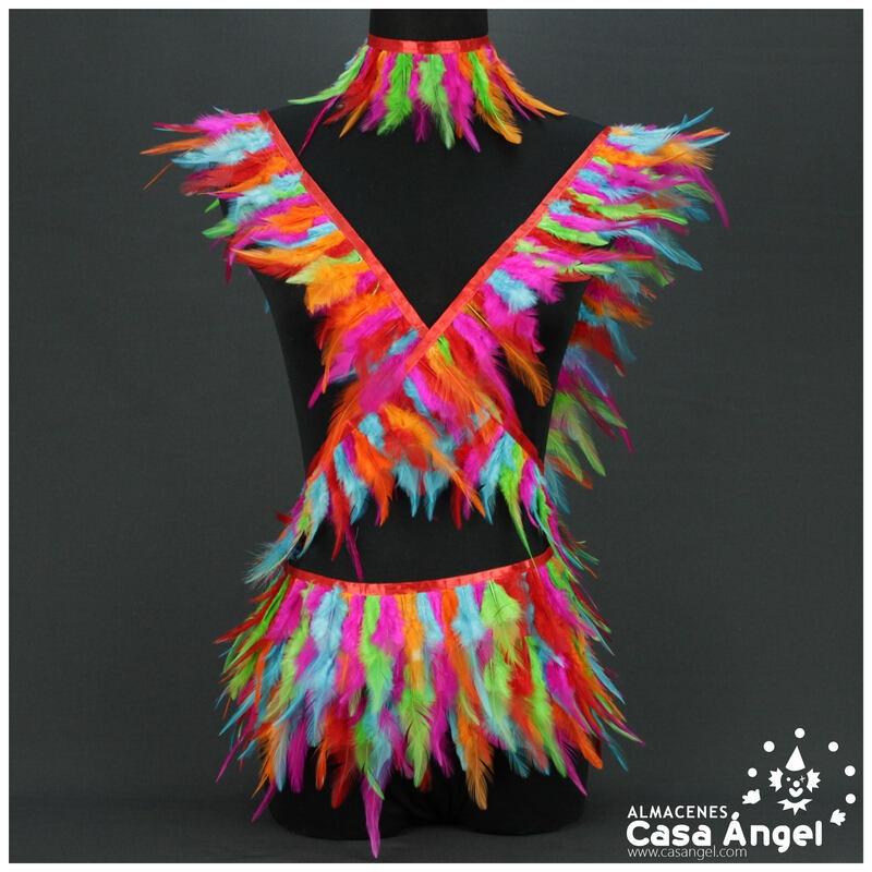 FLECO DE PLUMAS DE GALLO MULTICOLOR SOBRE CINTA DE RASO 13cm