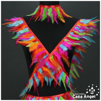 FLECO DE PLUMAS DE GALLO MULTICOLOR SOBRE CINTA DE RASO 13cm