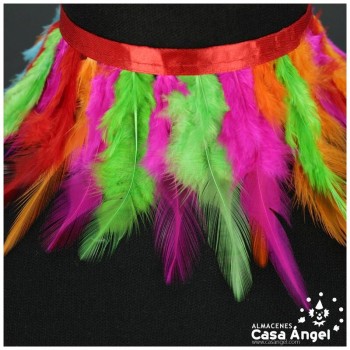 FLECO DE PLUMAS DE GALLO MULTICOLOR SOBRE CINTA DE RASO 13cm