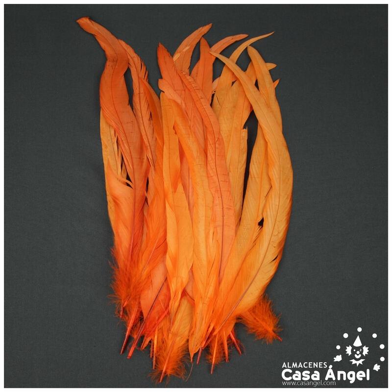 PLUMAS NARANJAS DE COLA DE GALLO 30-35cm BOLSA DE 25uds