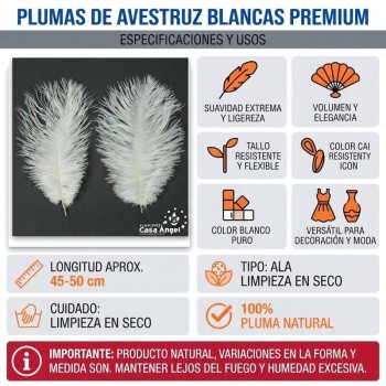 PLUMAS NATURALES DE AVESTRUZ BLANCO 25cm BOLSA 2uds