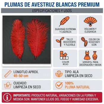 PLUMAS NATURALES DE AVESTRUZ ROJO 25cm BOLSA 2uds