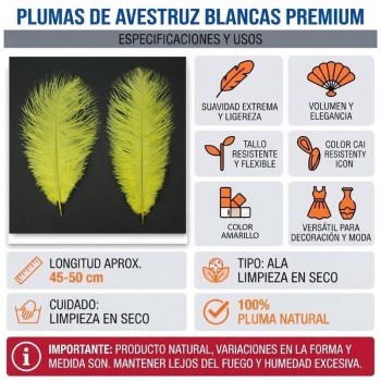 PLUMAS NATURALES DE AVESTRUZ AMARILLO 25cm BOLSA 2uds