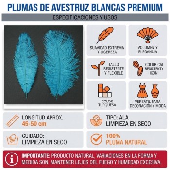 PLUMAS NATURALES DE AVESTRUZ TURQUESA 25cm BOLSA 2uds