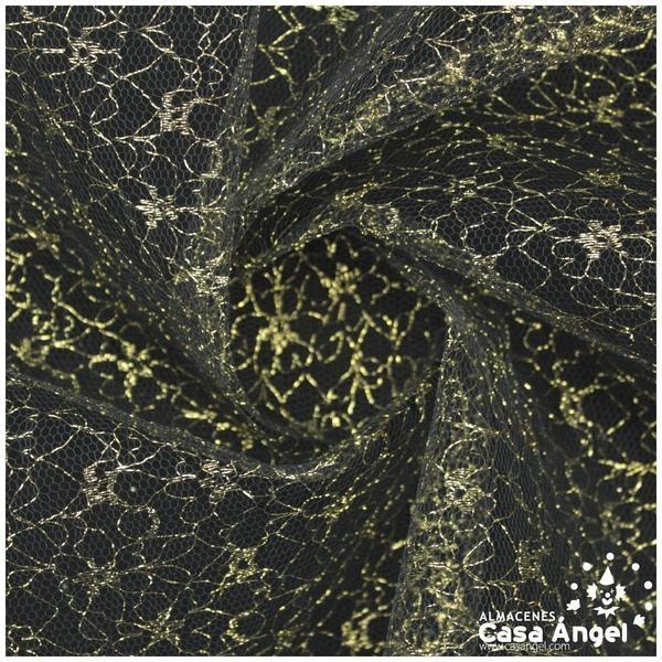 TUL DE ENCAJE NEGRO CON FLORES DE LÚREX ORO SERIE ÁUREO 150cm
