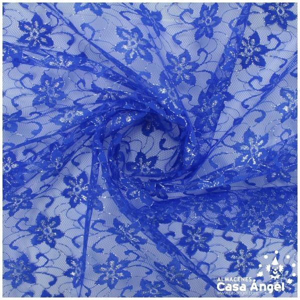 TUL DE ENCAJE AZUL CON FLORES DE LÚREX SERIE ÁUREO 150cm