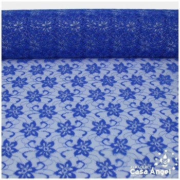 TUL DE ENCAJE AZUL CON FLORES DE LÚREX SERIE ÁUREO 150cm