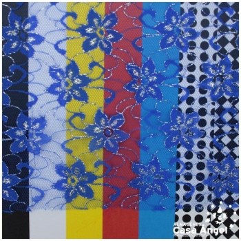 TUL DE ENCAJE AZUL CON FLORES DE LÚREX SERIE ÁUREO 150cm
