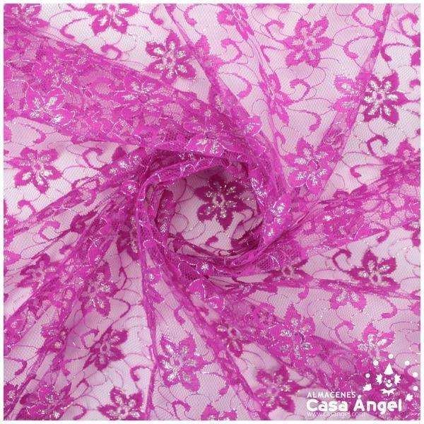 TUL DE ENCAJE FUCSIA CON FLORES DE LÚREX SERIE ÁUREO 150cm