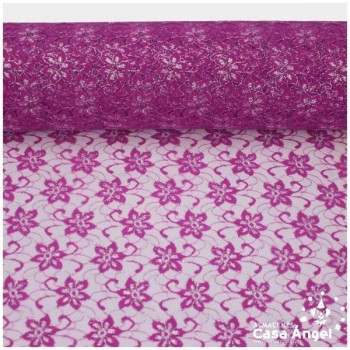 TUL DE ENCAJE FUCSIA CON FLORES DE LÚREX SERIE ÁUREO 150cm