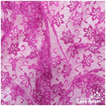 TUL DE ENCAJE FUCSIA CON FLORES DE LÚREX SERIE ÁUREO 150cm