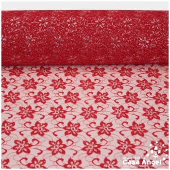 TUL DE ENCAJE ROJO CON FLORES DE LÚREX SERIE ÁUREO 150cm