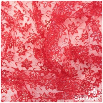 TUL DE ENCAJE ROJO CON FLORES DE LÚREX SERIE ÁUREO 150cm
