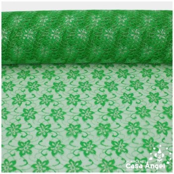 TUL DE ENCAJE VERDE CON FLORES DE LÚREX SERIE ÁUREO 150cm
