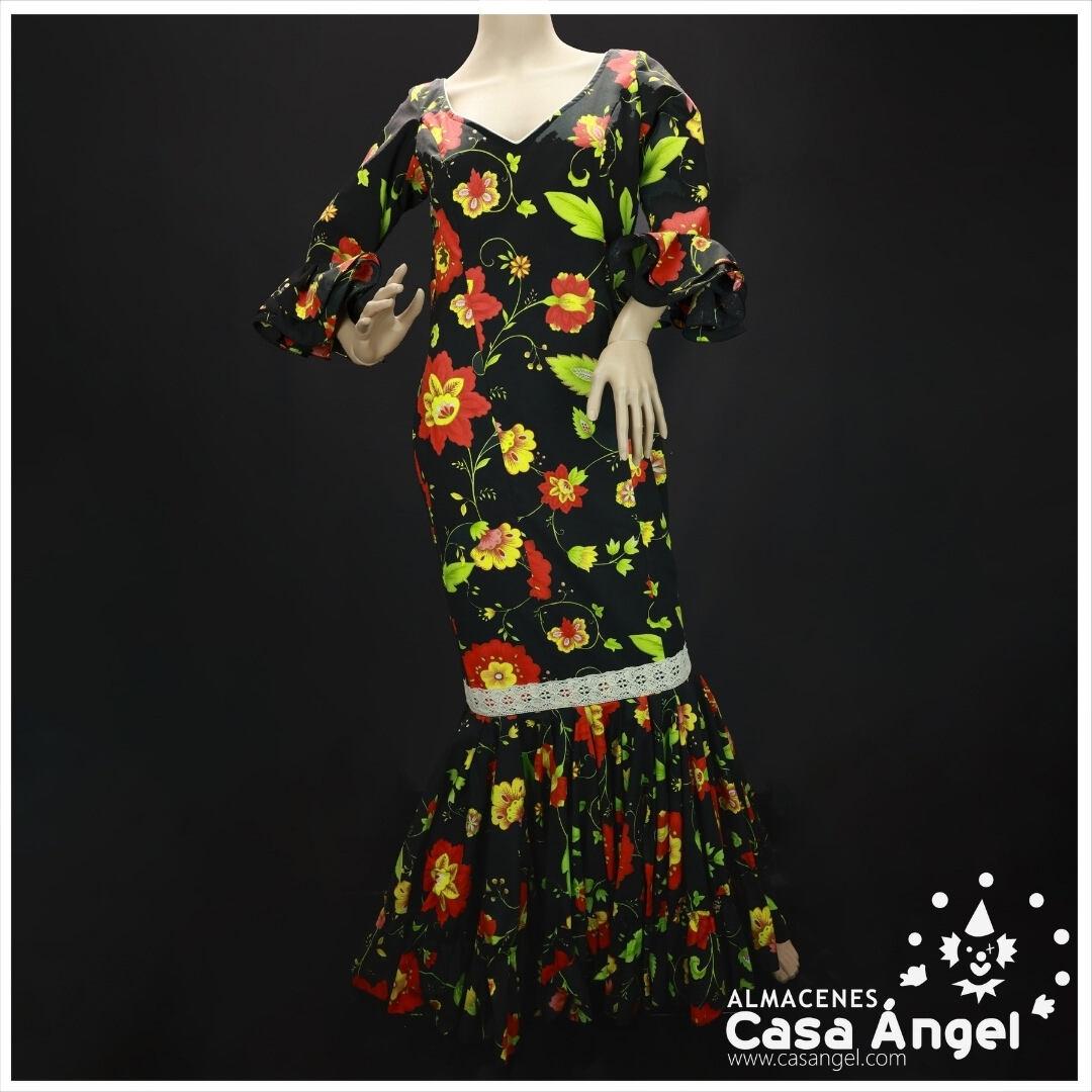 TRAJE DE FLAMENCA CANASTILLA NEGRO CON ESTAMPADO FLORAL NARANJA