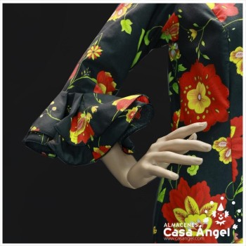 TRAJE DE FLAMENCA CANASTILLA NEGRO CON ESTAMPADO FLORAL NARANJA