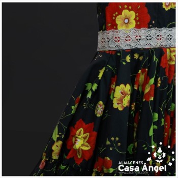 TRAJE DE FLAMENCA CANASTILLA NEGRO CON ESTAMPADO FLORAL NARANJA