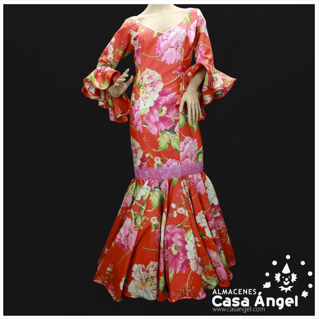 VESTIDO FLAMENCA COLOR NARANJA CON ESTAMPADO FLORAL EN LILA
