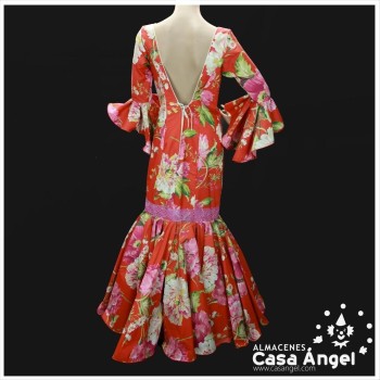 VESTIDO FLAMENCA COLOR NARANJA CON ESTAMPADO FLORAL EN LILA