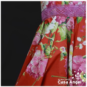 VESTIDO FLAMENCA COLOR NARANJA CON ESTAMPADO FLORAL EN LILA