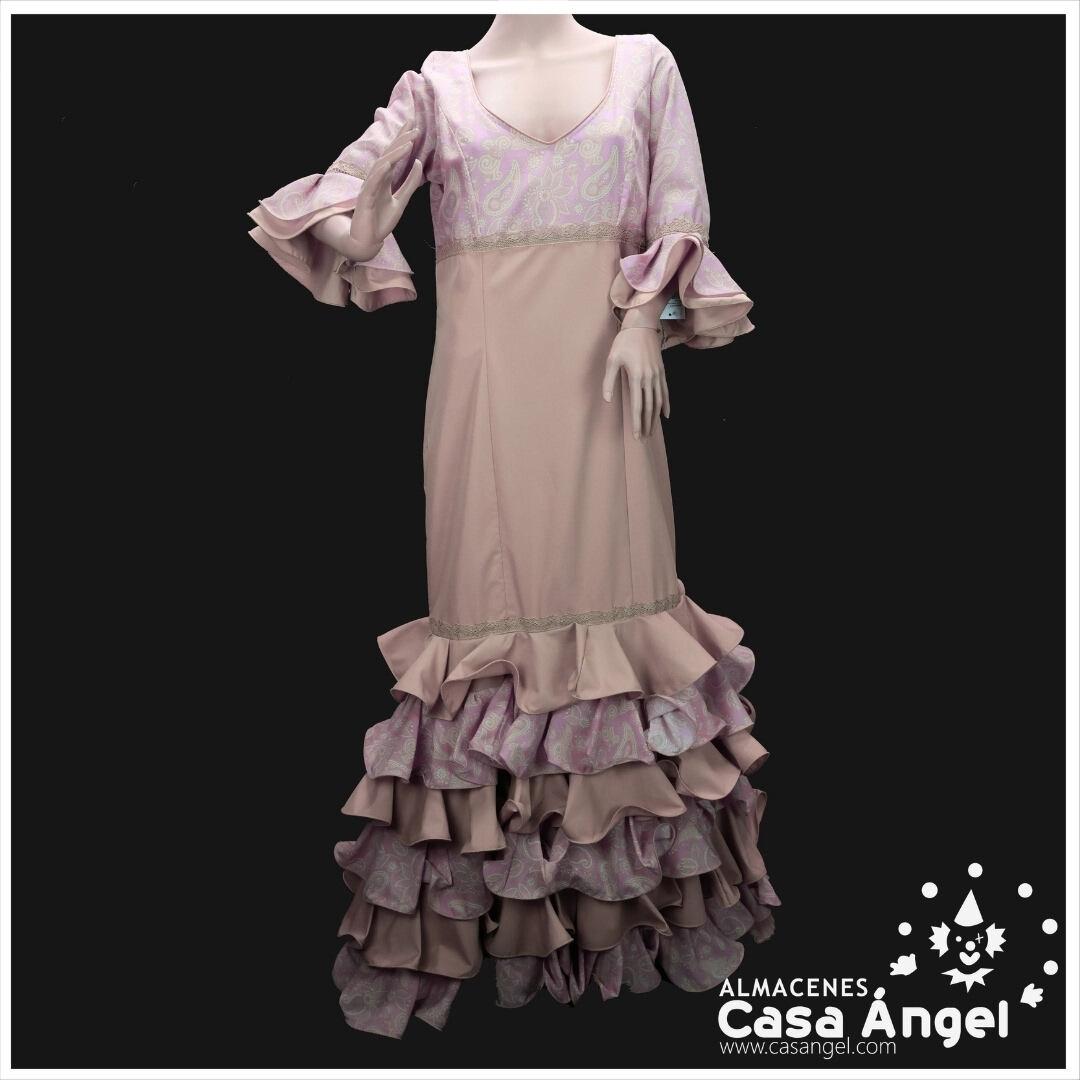 TRAJE DE FLAMENCA BEIGE ESTAMPADO ROSA