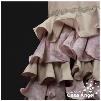 TRAJE DE FLAMENCA BEIGE ESTAMPADO ROSA