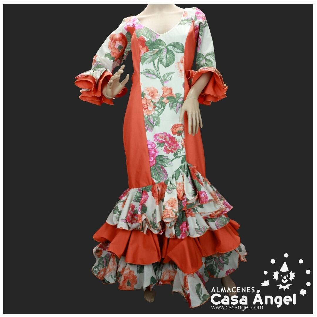 TRAJE DE FLAMENCA NARANJA ESTAMPADO FLORAL CON TRES VOLANTES