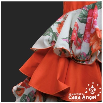 TRAJE DE FLAMENCA NARANJA ESTAMPADO FLORAL CON TRES VOLANTES